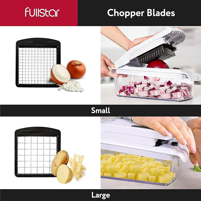 **Alt Text:**
White Fullstar Vegetable Chopper with a 4-in-1 design including chopping, slicing, spiralizing functions, and a container. Features stainless steel blades, an ergonomic handle, and a non-slip base.