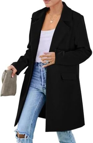 "PRETTYGARDEN Women's 2024 Fall Long Blazer Jacket with long sleeves, notched lapel, and tailored fit in neutral tone."