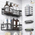 "Set of 5 Rustproof Stainless Steel Adhesive Shower Caddies with No-Drill Installation for Bathroom Storage"